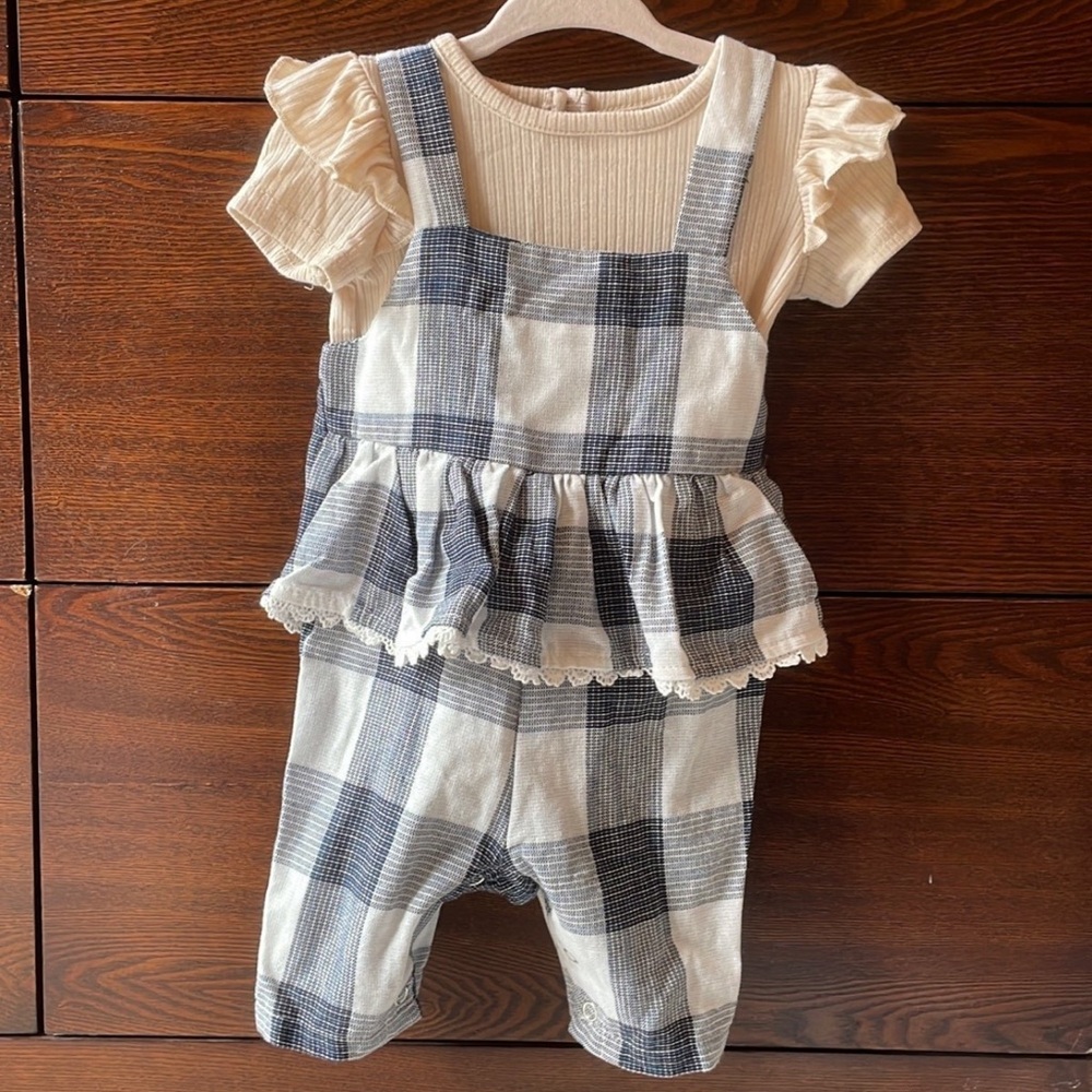 3mo Plaid Overalls with Ruffle Detail